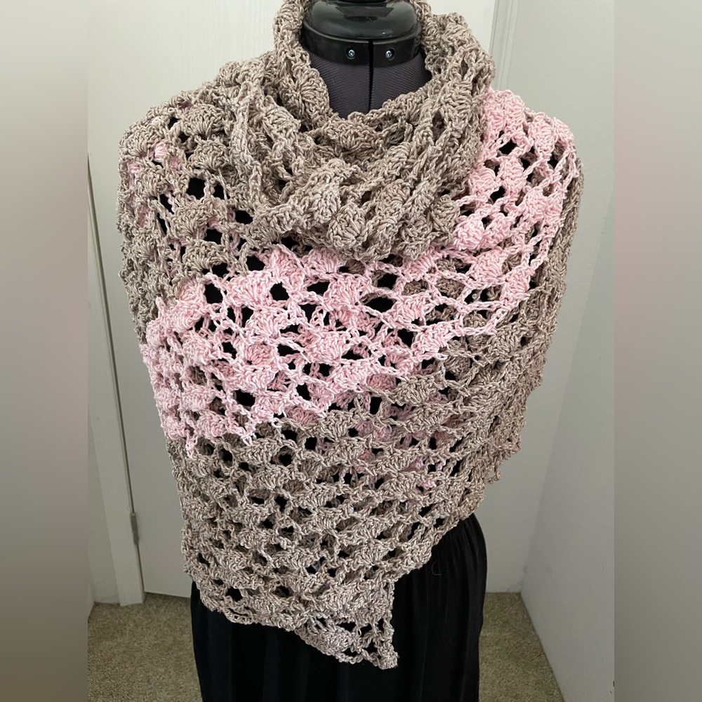 CROCHET HANDMADE Pink and Brown Shawl with sequins, Holiday